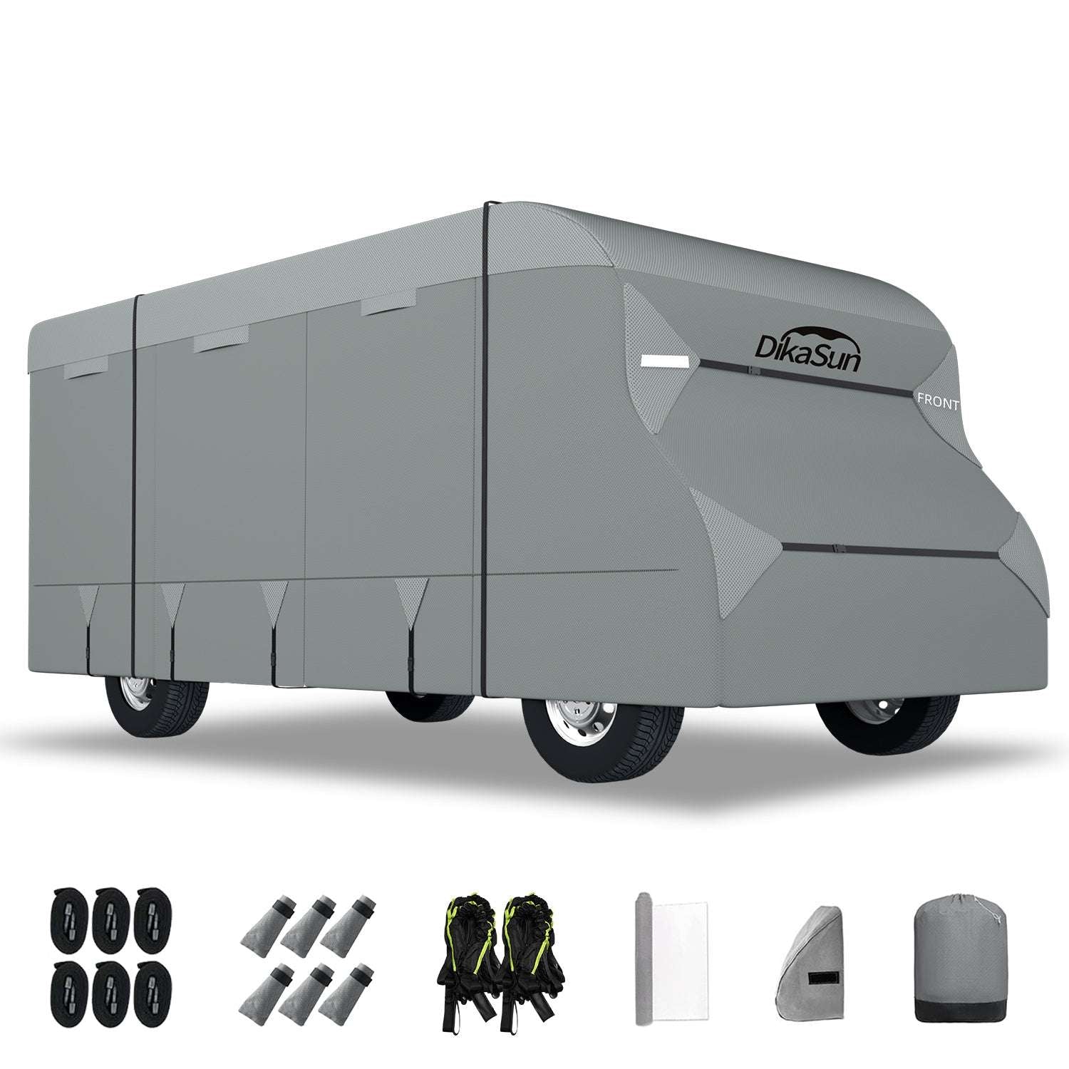 Gray DikaSun RV cover with accessories on a white background