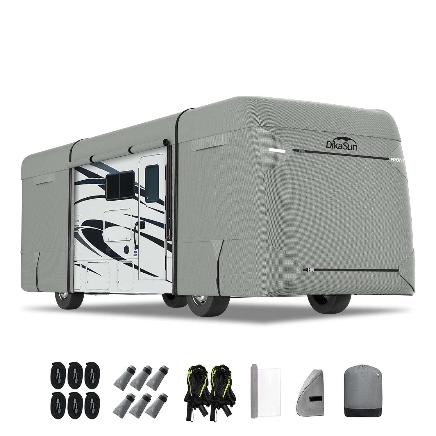 Gray DikaSun RV cover with accessories on a white background