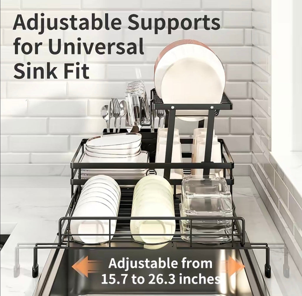 Dish drying rack with adjustable supports on a kitchen counter.
