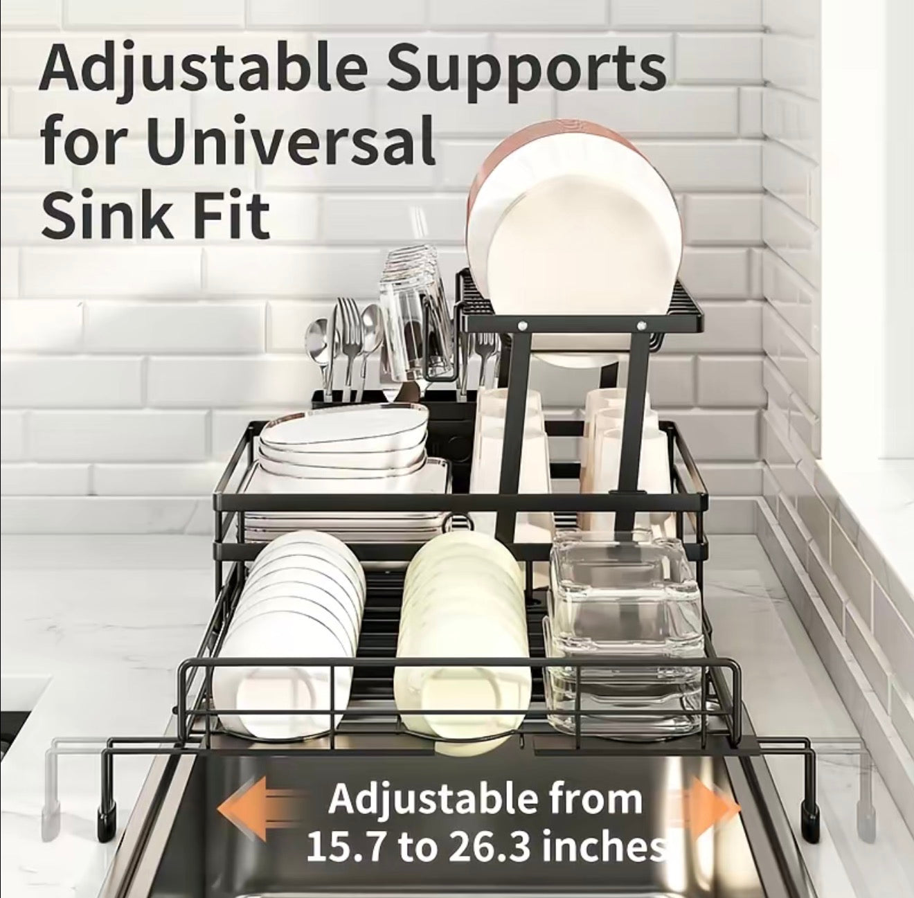 Dish drying rack with adjustable supports on a kitchen counter.