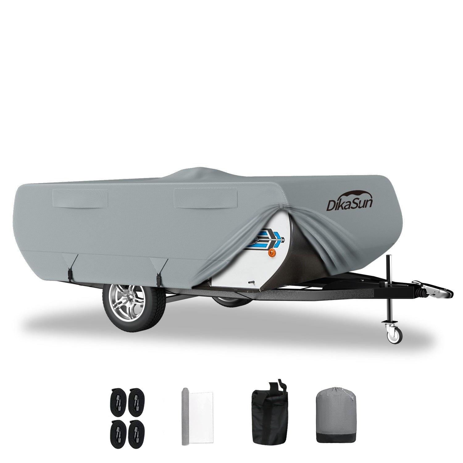 Gray pop-up camper trailer covered with waterproof, UV resistant 7-layer camper cover with secure straps and breathable fabric
