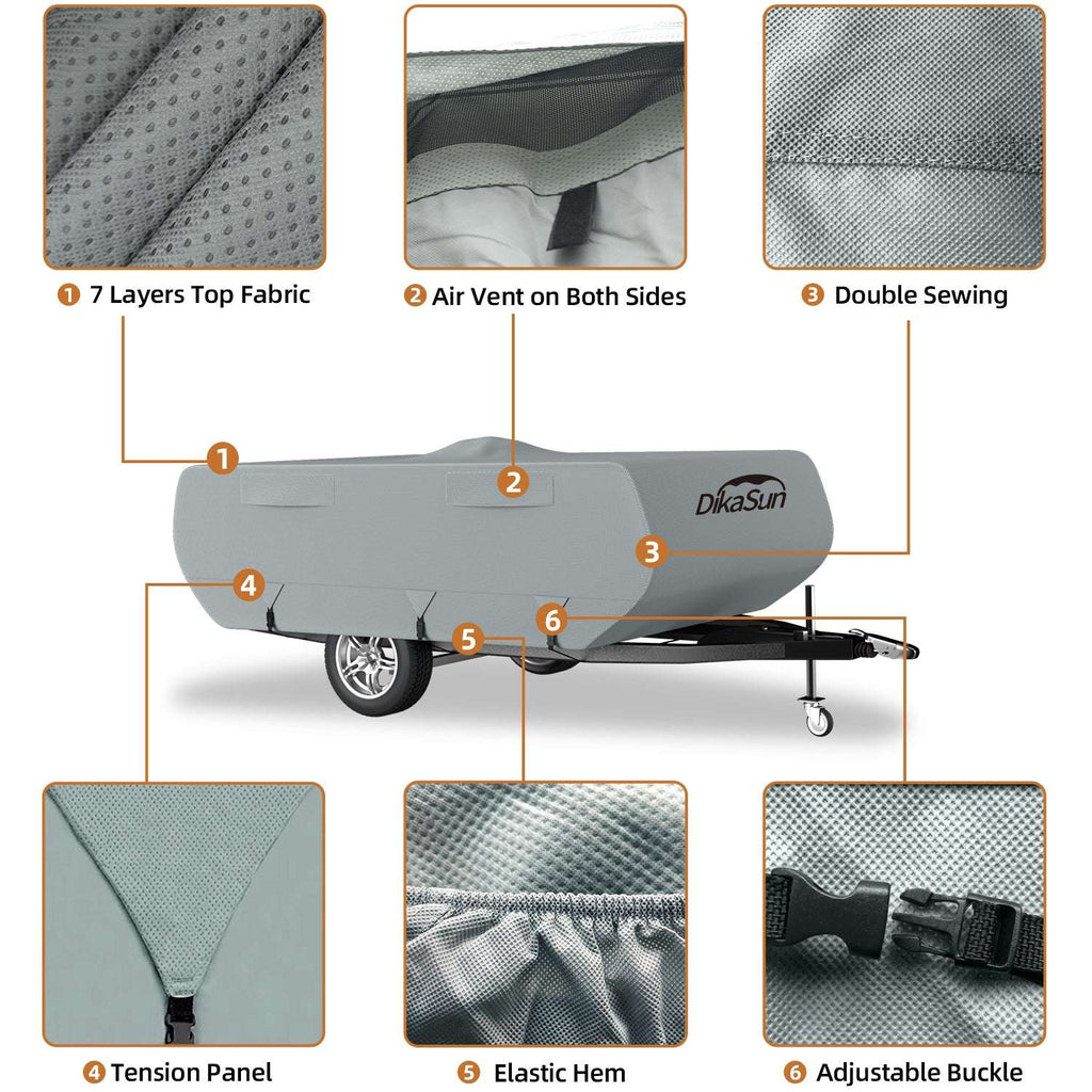 Close-up of camper cover fabric showing 7-layer top fabric, air vents, double stitching, tension panel, elastic hem, and adjustable buckle