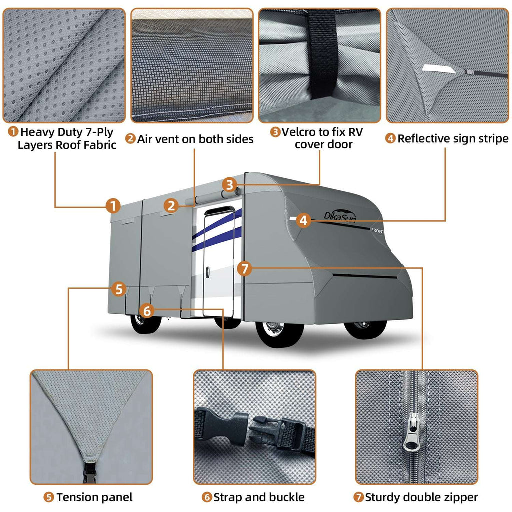 Diagram of a caravan cover with labeled features on a white background