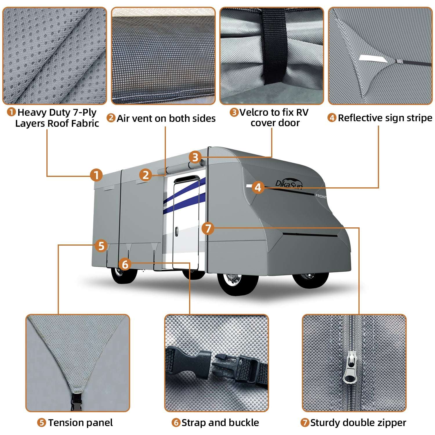 Diagram of a caravan cover with labeled features on a white background