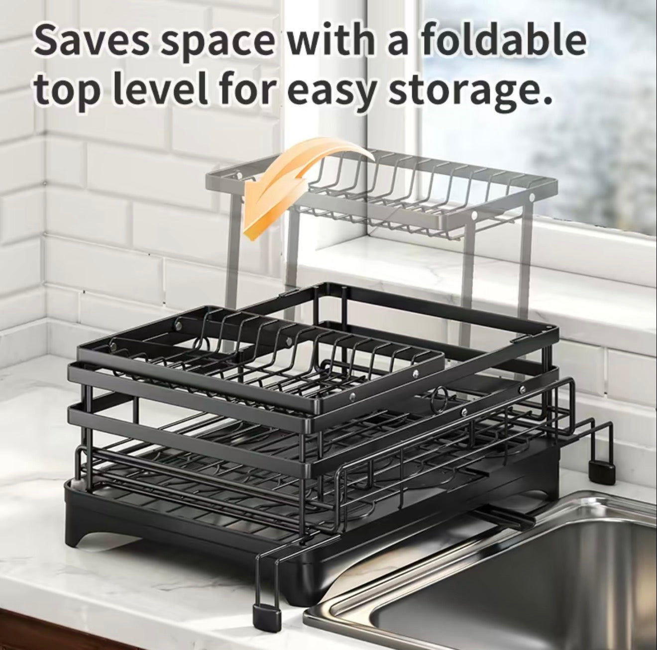 Foldable dish rack with text indicating space-saving feature, placed on a kitchen counter.