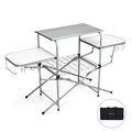 Camping table set with two tables and a bench on a white background, including a carrying case.