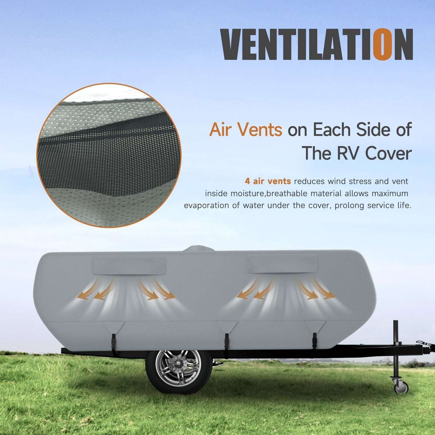 Diagram of camper cover's ventilation system with air vents on each side to reduce wind stress and moisture buildup