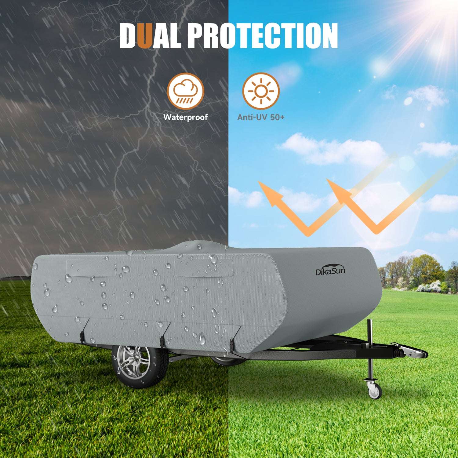 Gray pop-up camper trailer with water droplets, featuring a black hitch and wheel, set on green grass with a partly cloudy sky