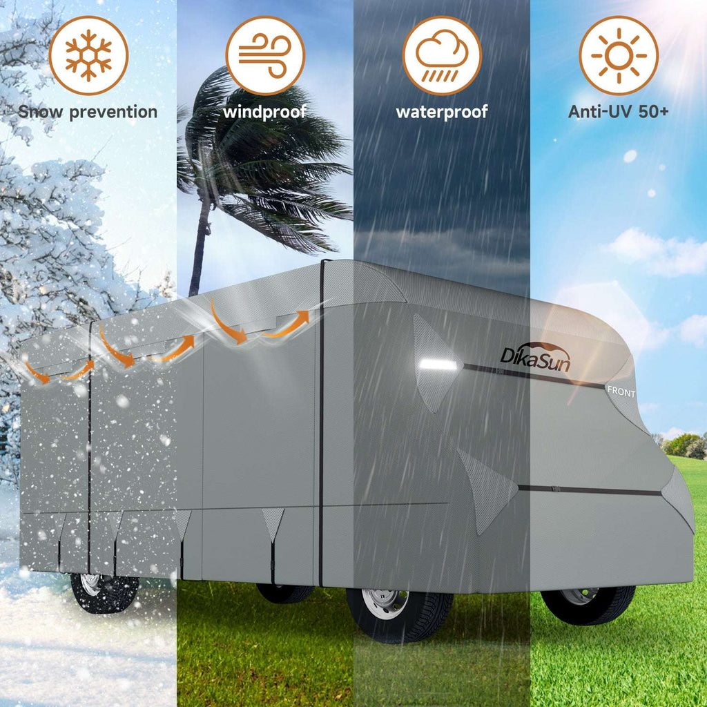 Car cover with features for snow prevention, windproofness, waterproofing, and anti-UV 50+ protection.