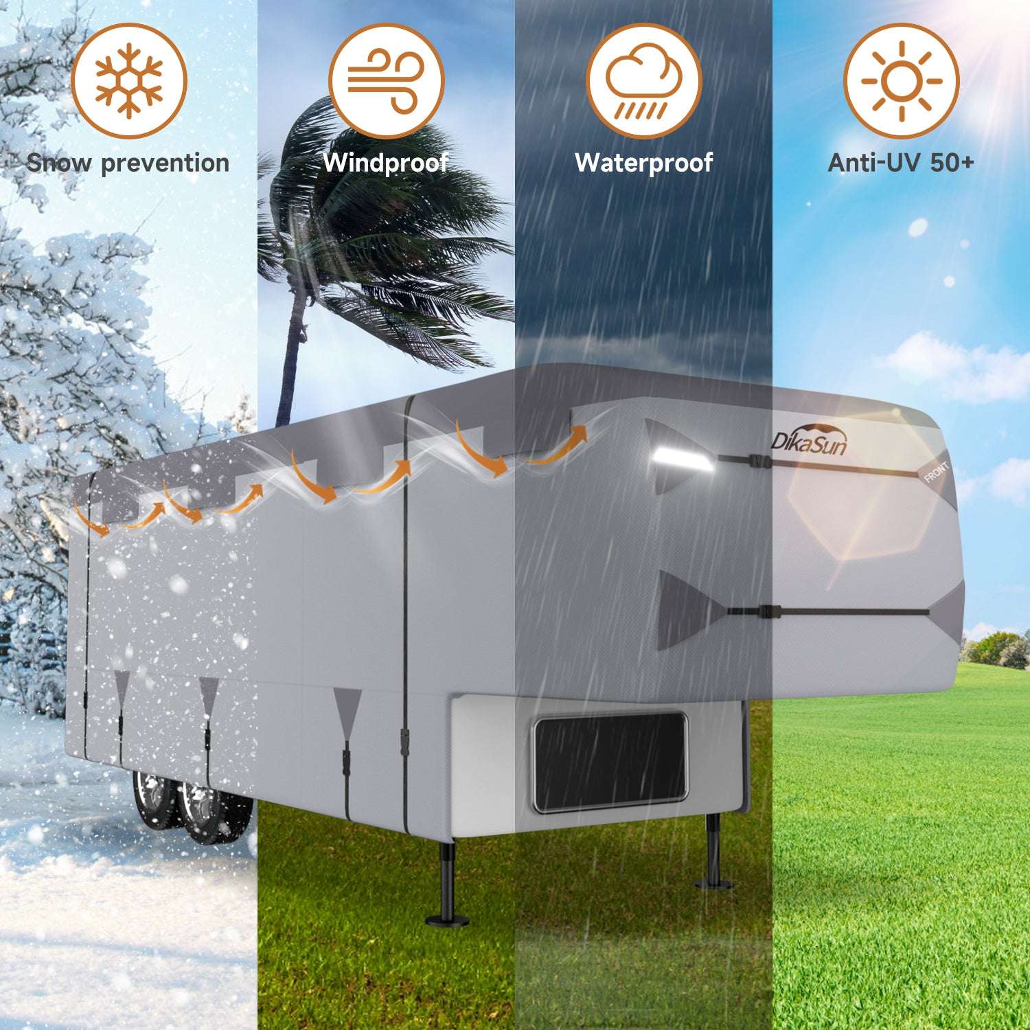 Camper shell with weatherproof features shown in various conditions