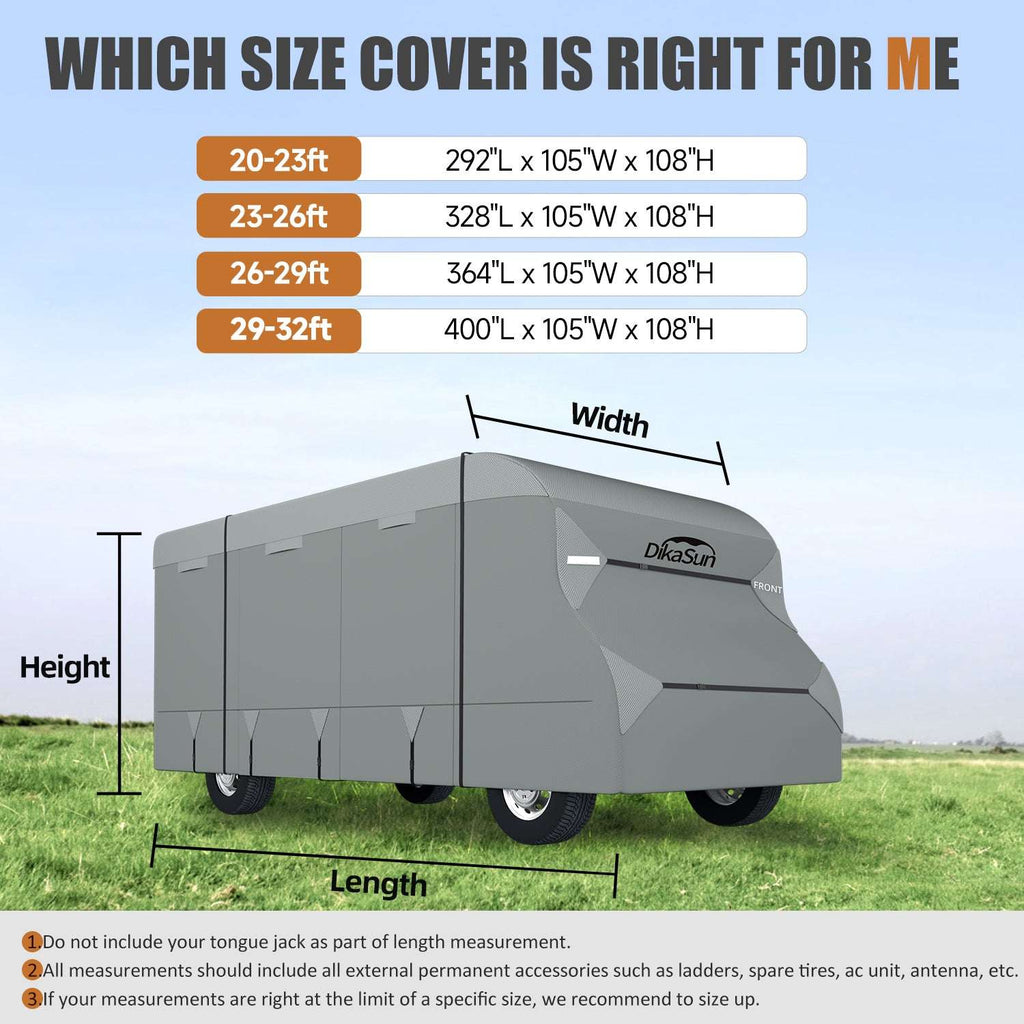 Cover size chart for RVs with dimensions and a DikeSun branded cover on grass.