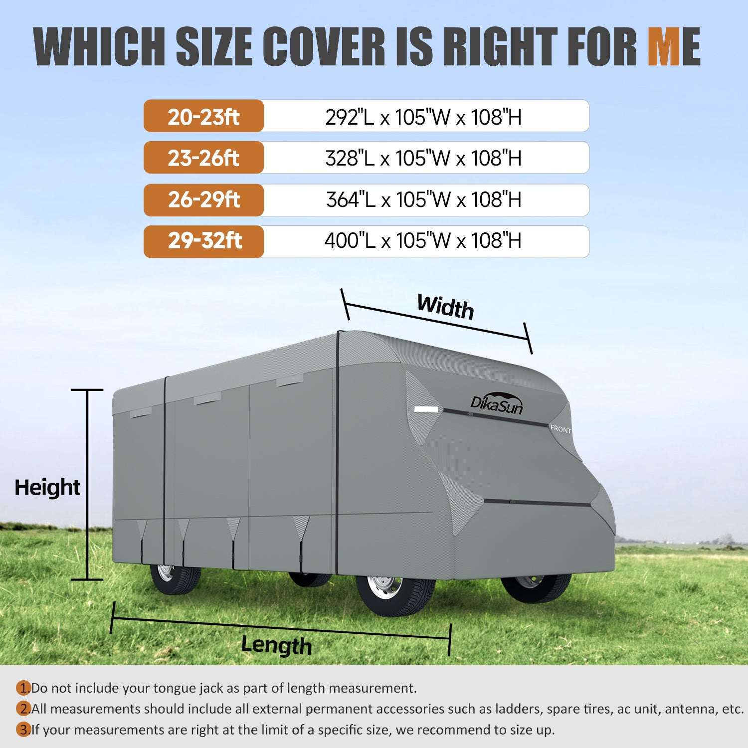 Cover size chart for RVs with dimensions and a DikeSun branded cover on grass.