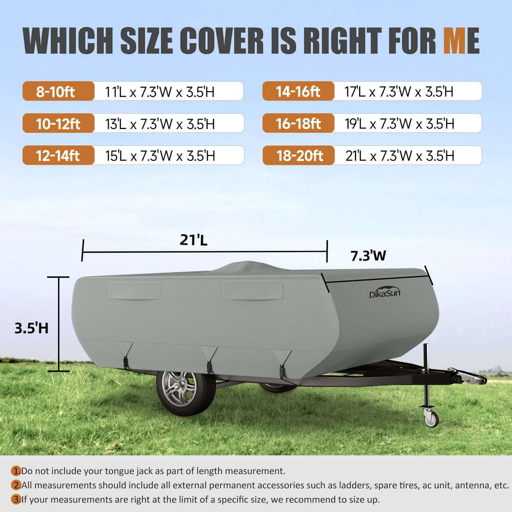 Instruction chart showing camper cover size options from 8 to 20 feet, with measurements and illustrations for proper fit