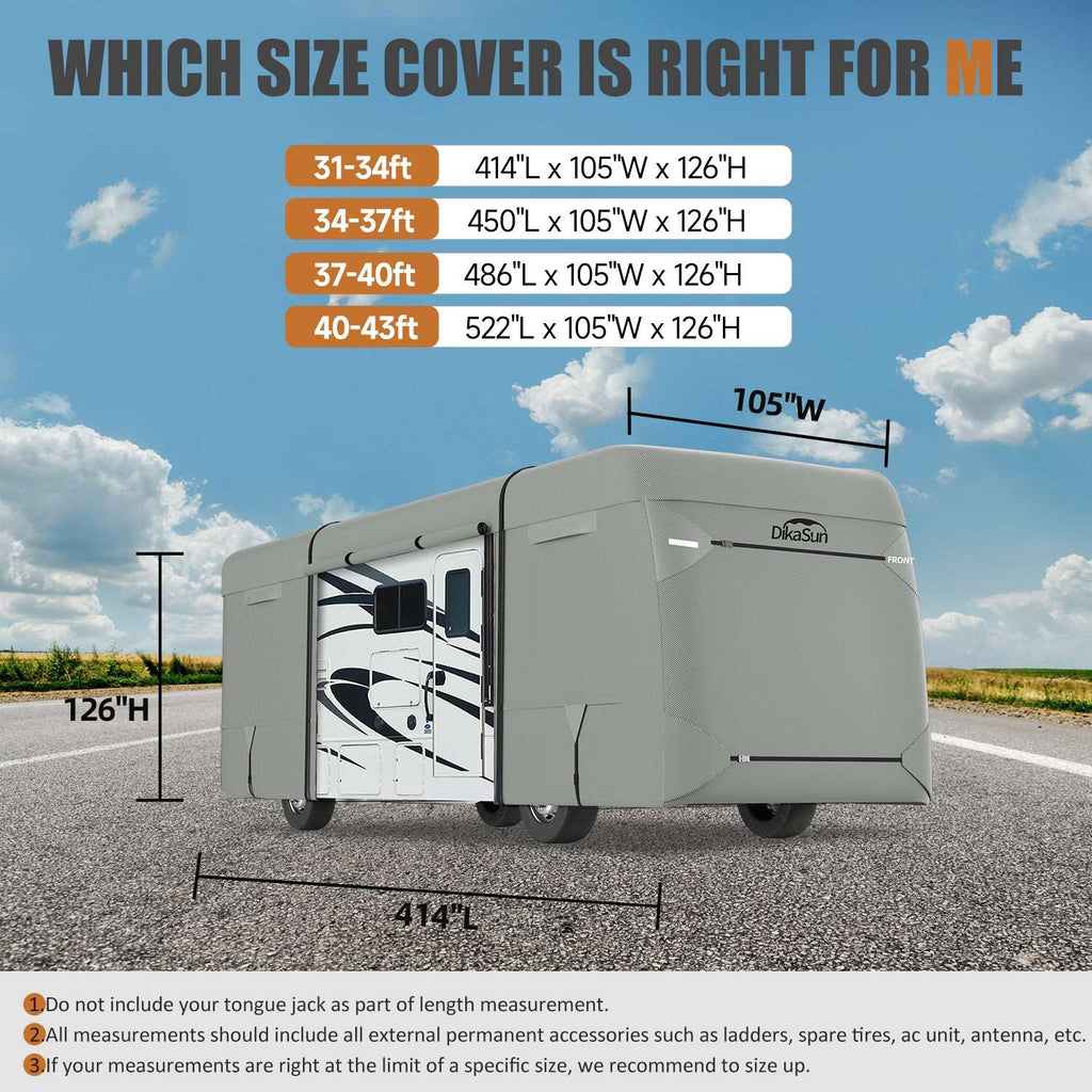 RV cover size chart with dimensions against a road and sky background