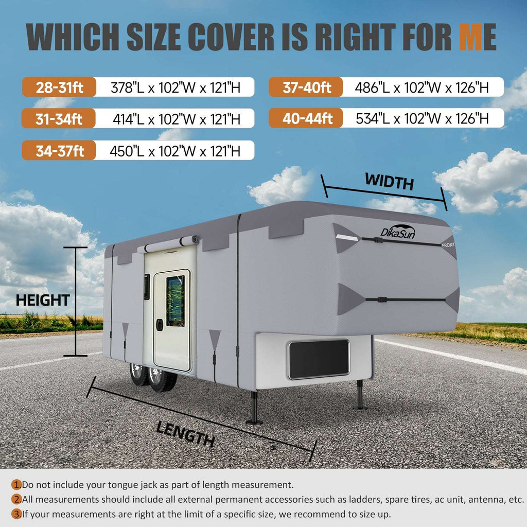 Cover size selection chart for a trailer with dimensions and a visual of the trailer on a road.
