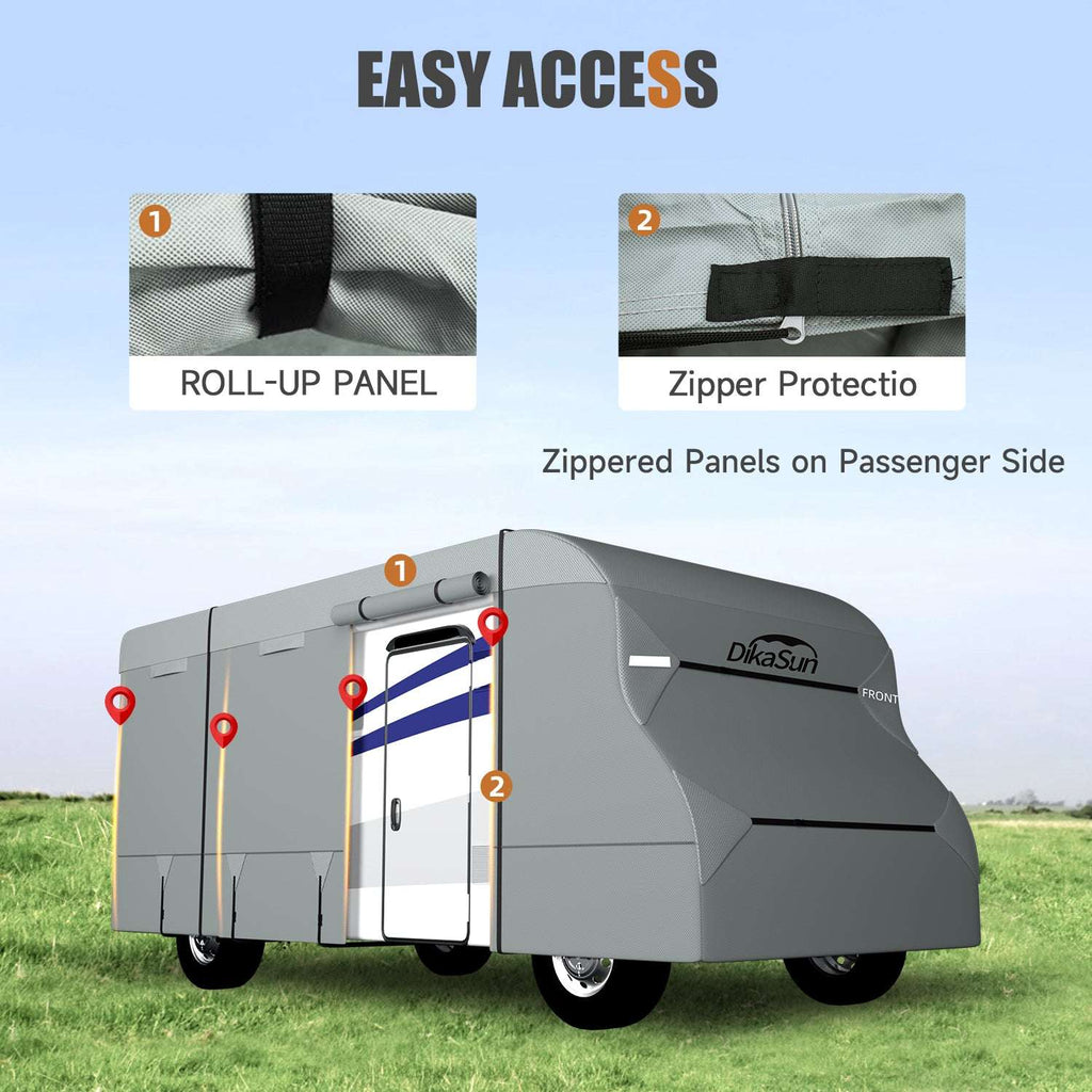 Gray travel trailer cover with roll-up panel and zipper protection features on a grassy background.