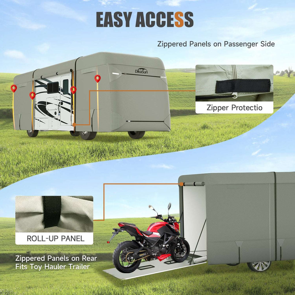 Covered toy hauler trailer with easy access features on a grassy field.
