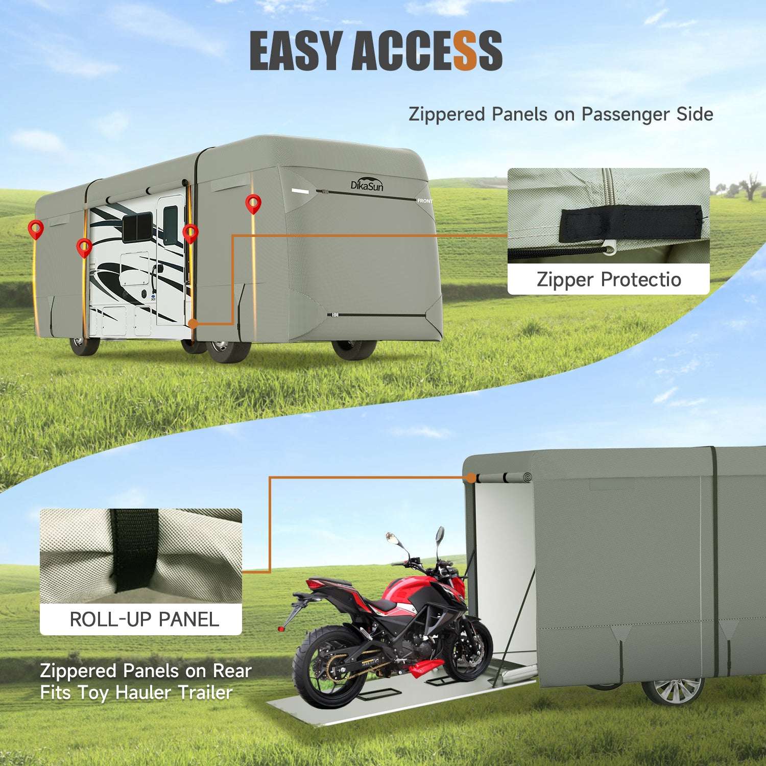 Covered toy hauler trailer with easy access features on a grassy field.