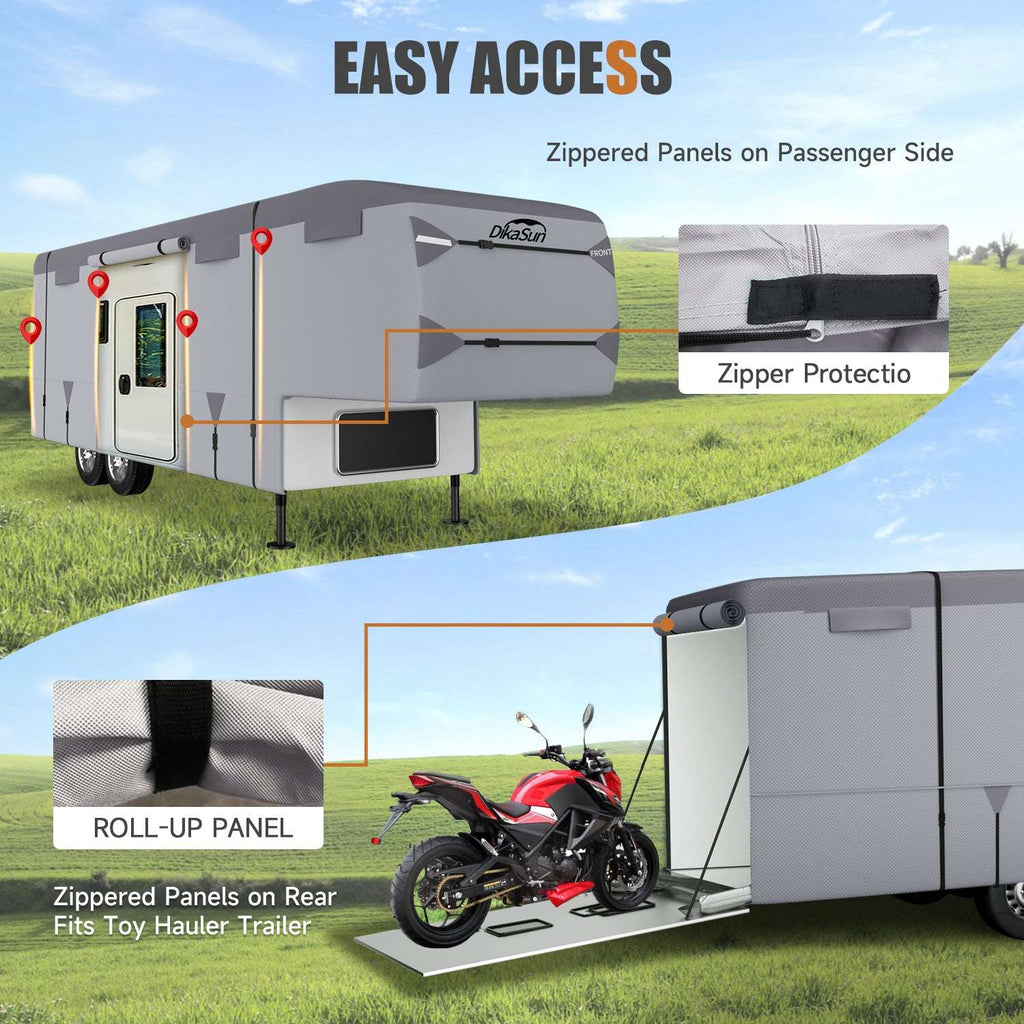 Toy hauler trailer with easy access features including zippered panels and roll-up panel, with a motorcycle parked underneath.