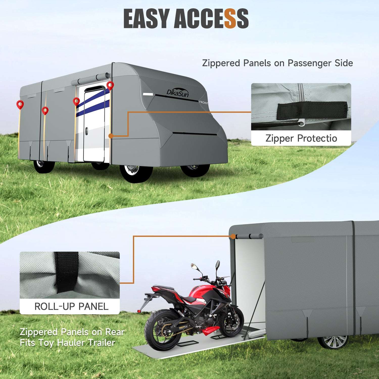 Toy hauler trailer with easy access features on a grassy background