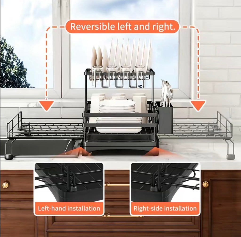 Kitchen dish rack with reversible design on a kitchen counter.