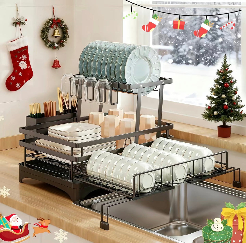 Kitchen dish rack with dishes in a decorated kitchen during Christmas.