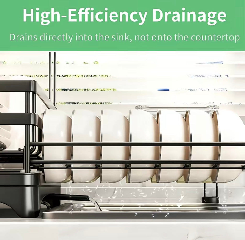 Dish rack with high-efficiency drainage feature, showing bowls draining into a sink.