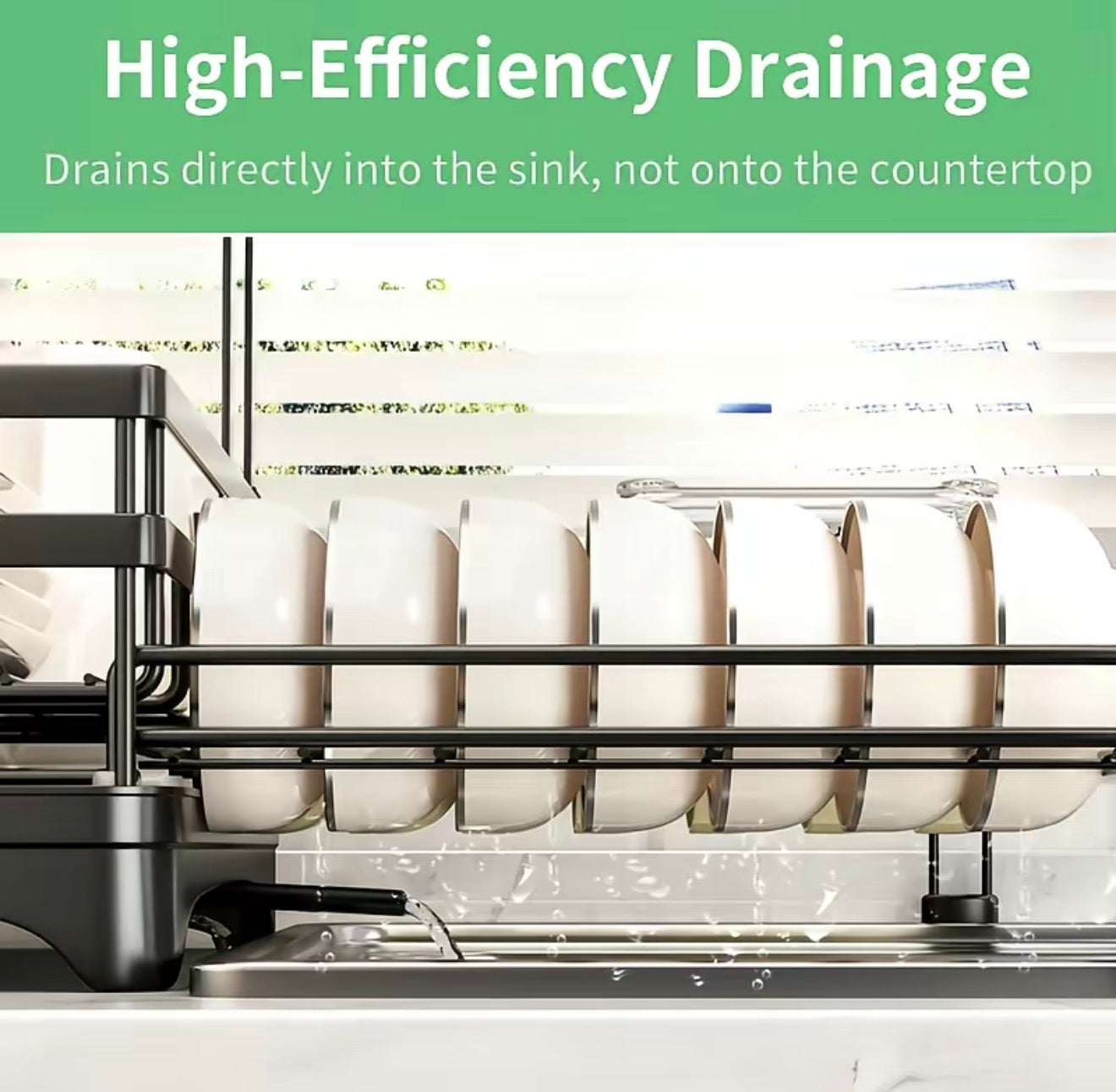 Dish rack with high-efficiency drainage feature, showing bowls draining into a sink.