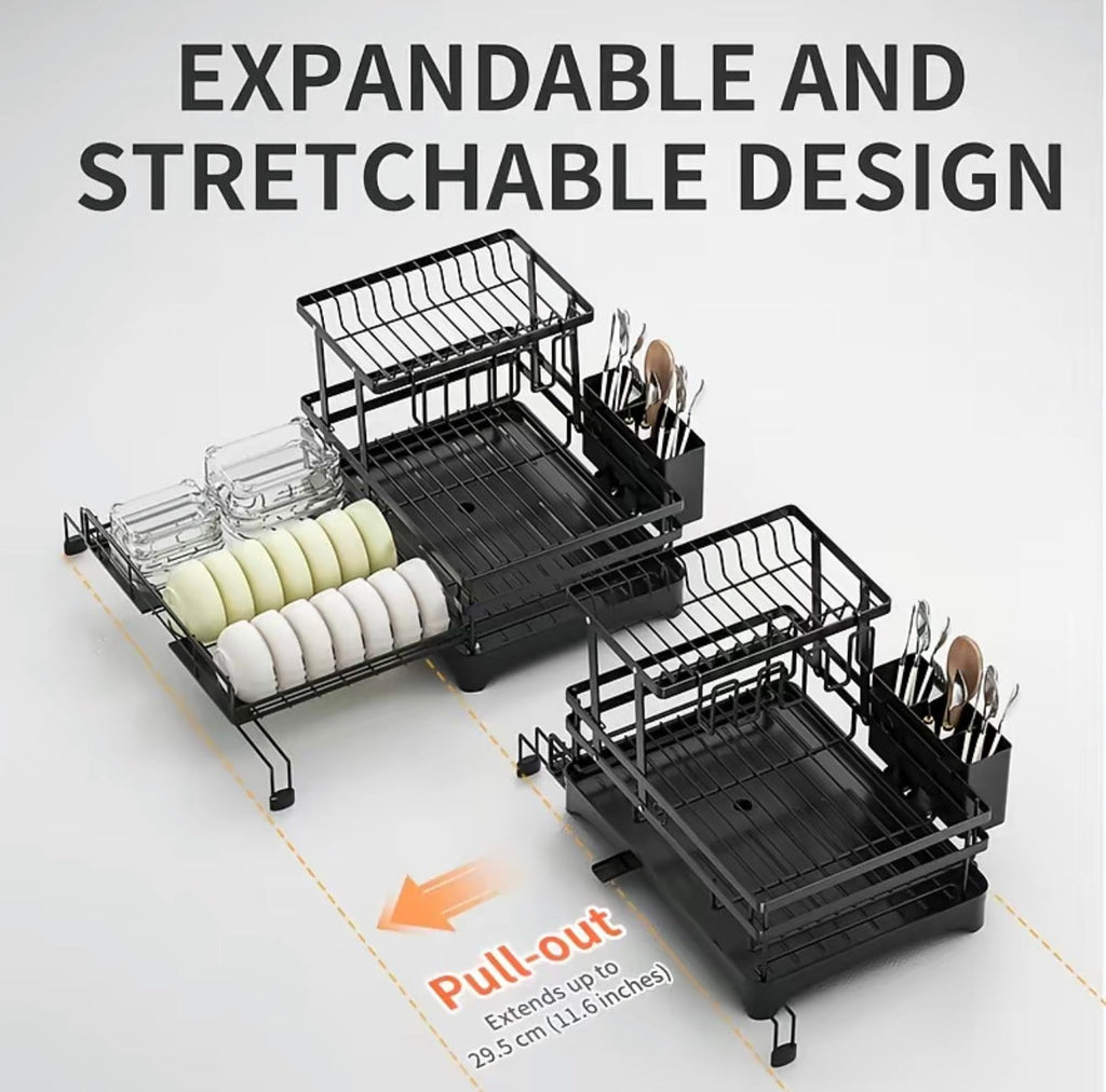 Expandable and stretchable dish drying rack with pull-out extension on a light gray background.