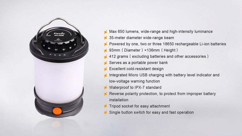 Portable lantern with features listed on a white background