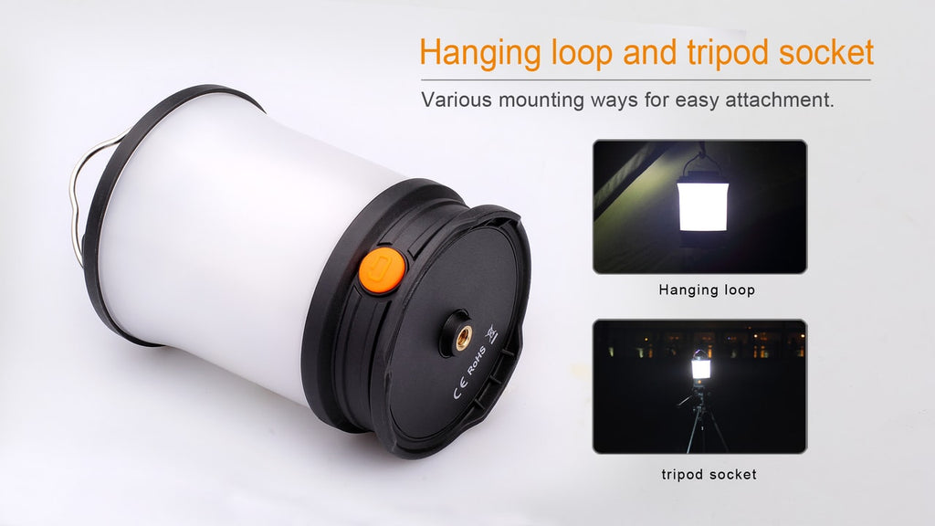 Camping lantern with hanging loop and tripod socket on a white background