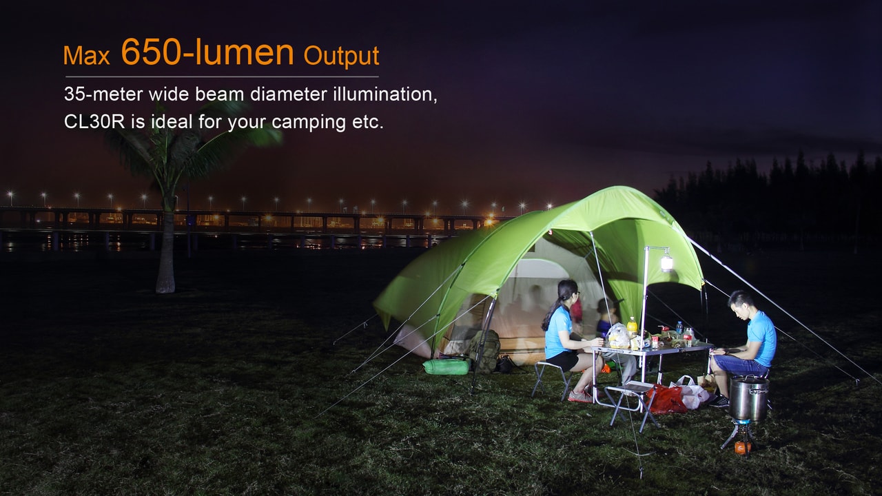 Camping scene with a green tent and people around a table at night, highlighting the tent's light output.