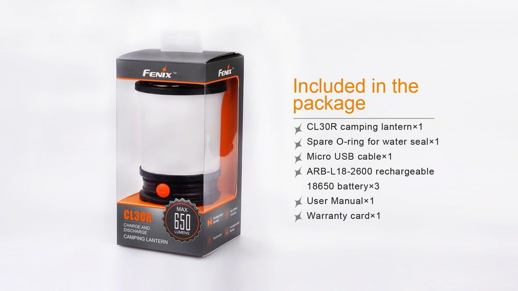 Fenix camping lantern packaging with included items listed on a white background