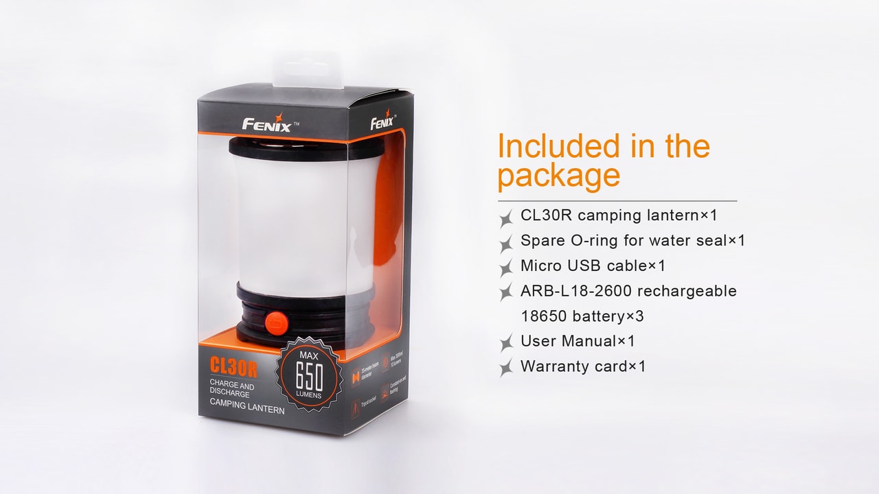 Fenix camping lantern packaging with included items listed on a white background