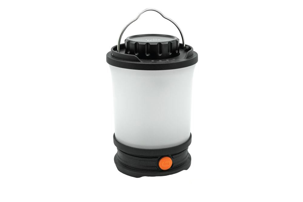 Camping lantern with black top and white body on a white background
