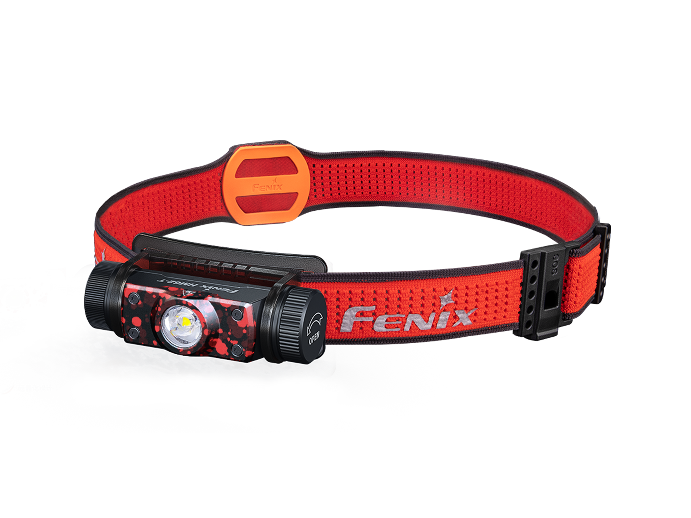 Red headlamp with black accents on a white background