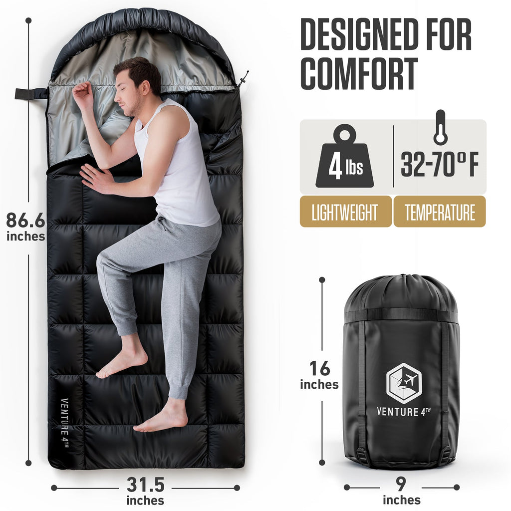 VENTURE 4TH XXL Sleeping Bag for Big & Tall Campers – 30°F to 70°F