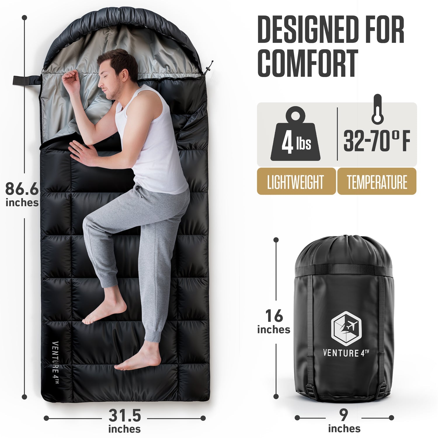 VENTURE 4TH XXL Sleeping Bag for Big & Tall Campers – 30°F to 70°F