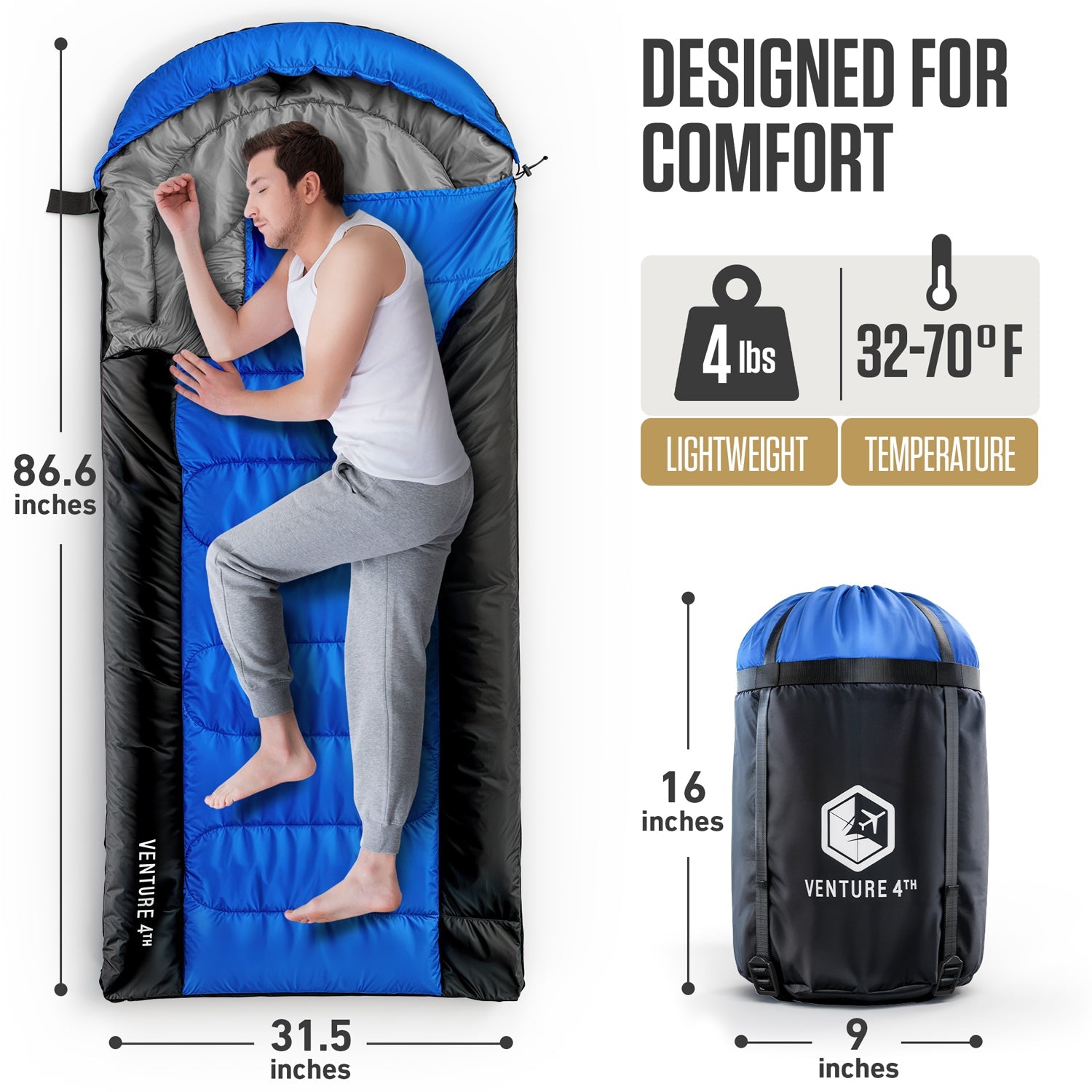 VENTURE 4TH XXL Sleeping Bag for Big & Tall Campers – 30°F to 70°F