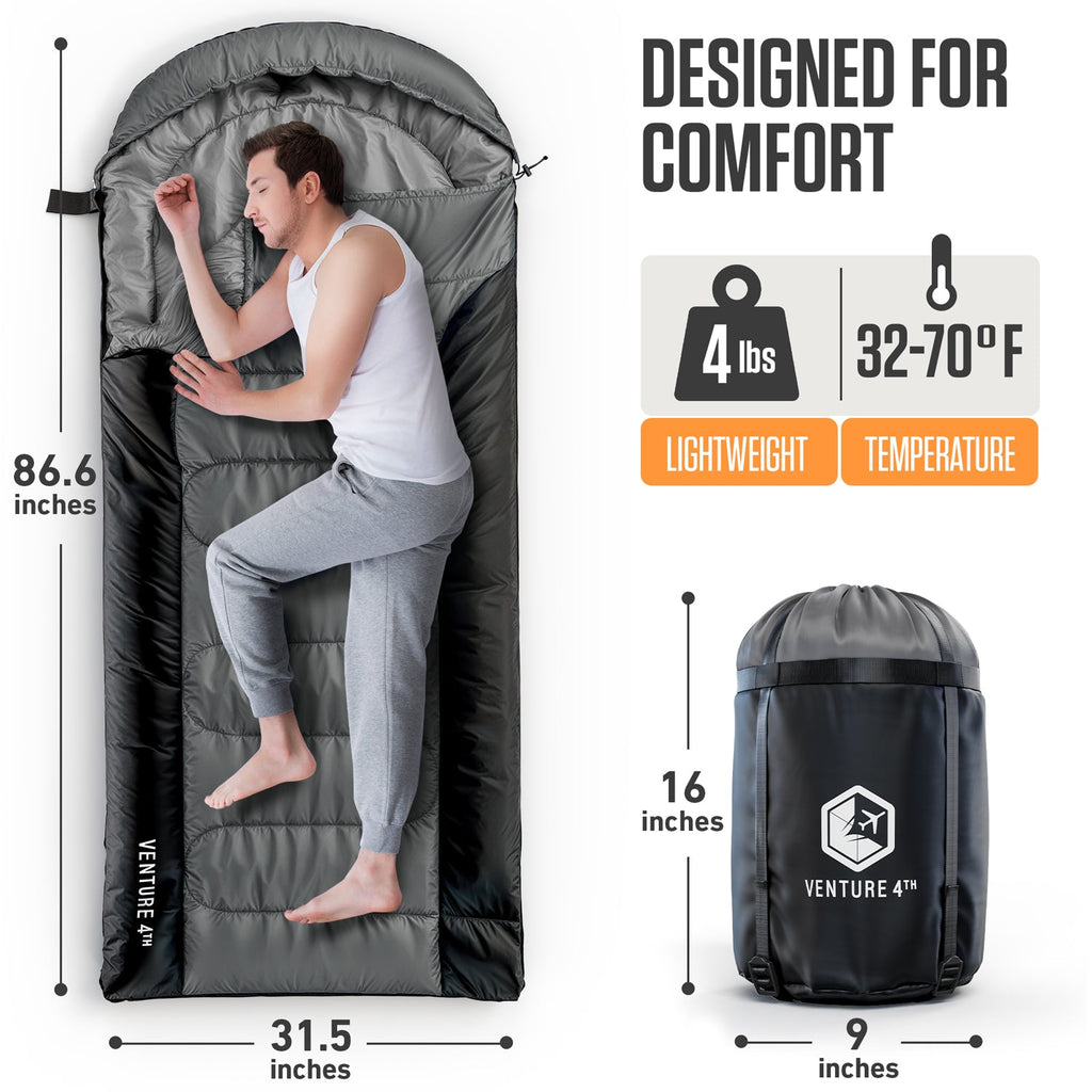 VENTURE 4TH XXL Sleeping Bag for Big & Tall Campers – 30°F to 70°F