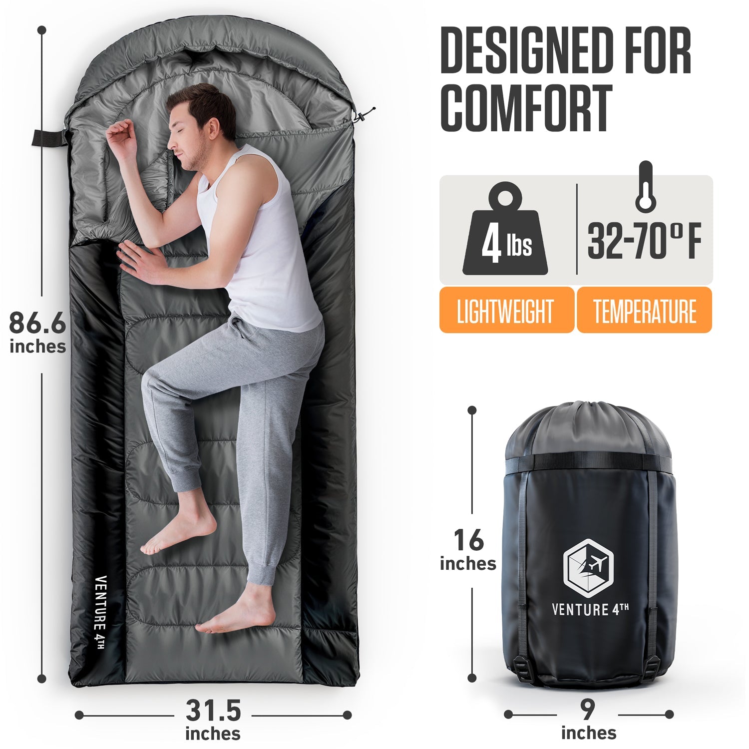 VENTURE 4TH XXL Sleeping Bag for Big & Tall Campers – 30°F to 70°F