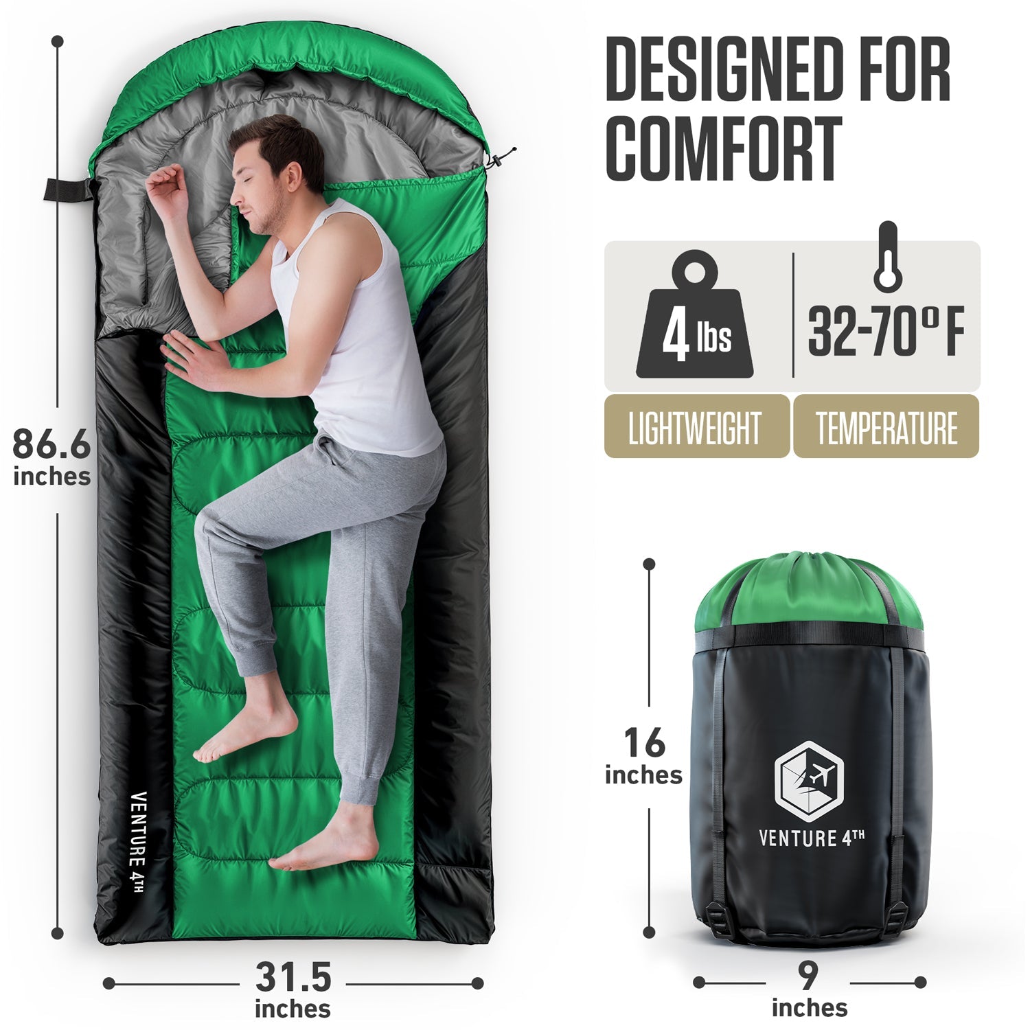 VENTURE 4TH XXL Sleeping Bag for Big & Tall Campers – 30°F to 70°F