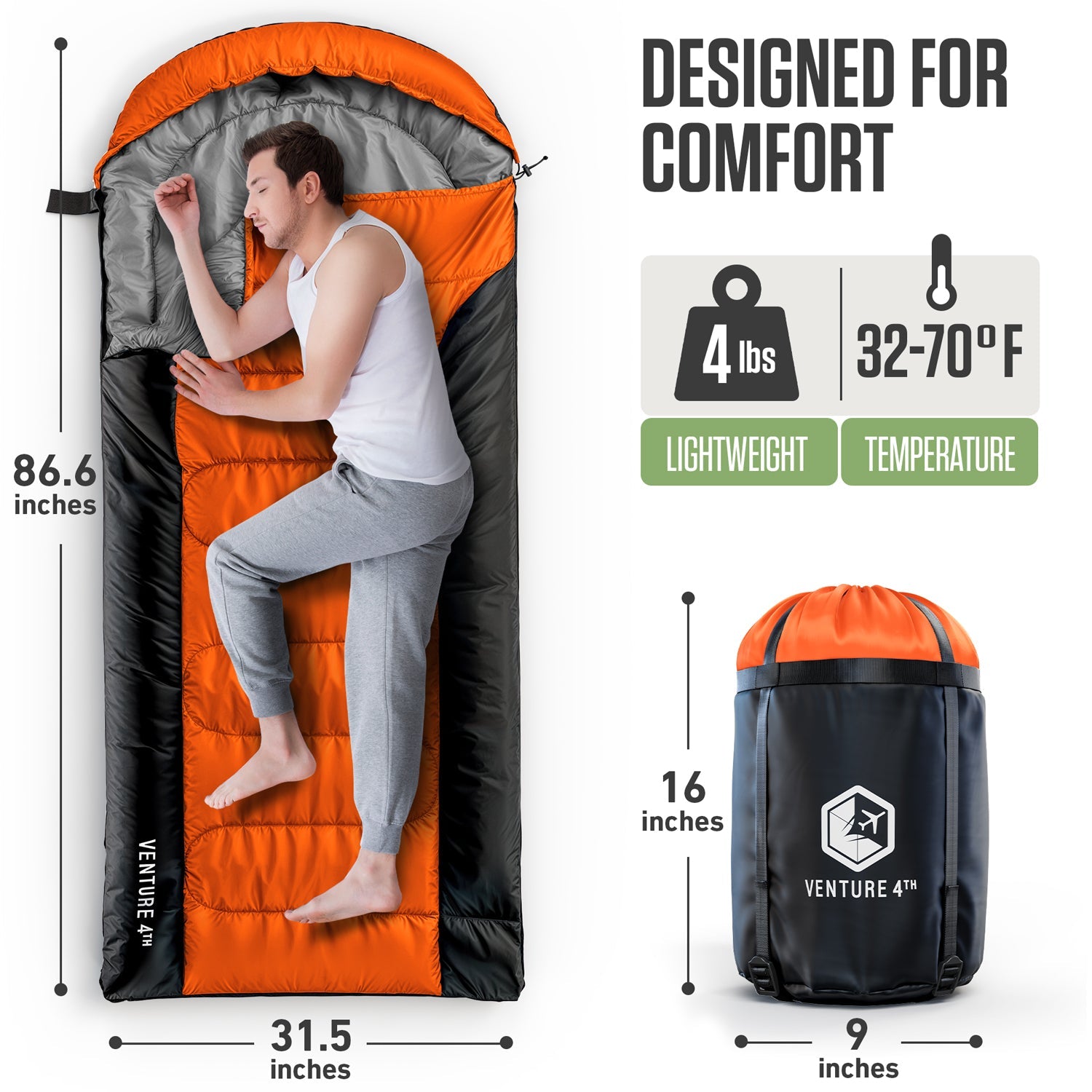 VENTURE 4TH XXL Sleeping Bag for Big & Tall Campers – 30°F to 70°F