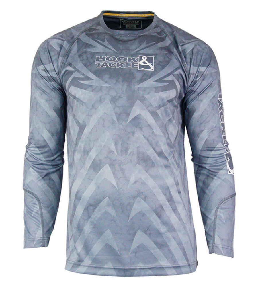 Long-sleeve shirt with camouflage pattern and Hook & Tackle logo on a white background