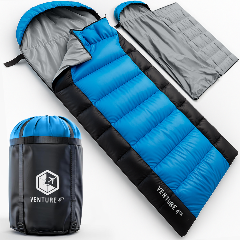 Blue and black mummy-style sleeping bag shown open, with a folded gray version and a black drawstring bag labeled VENTURE 4" displayed on a light gray background.