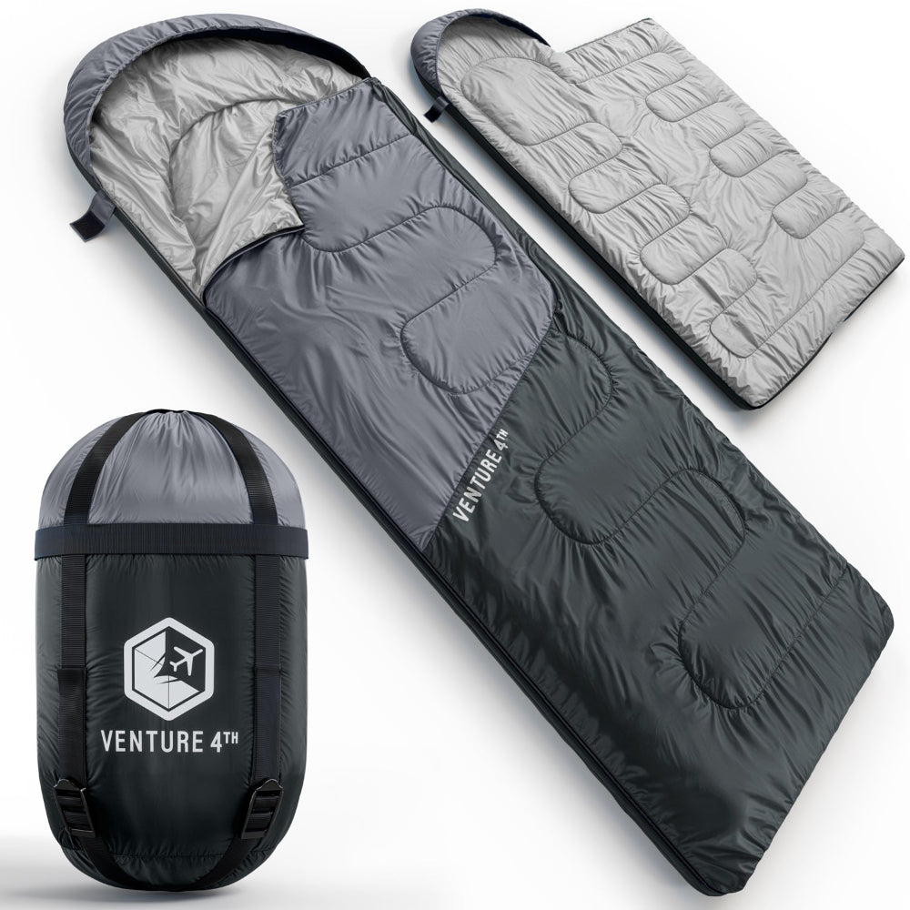 Gray sleeping bag with black carrying case on a white background, featuring 'Venture 4th' branding.