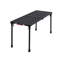 Black adjustable folding table on a white background