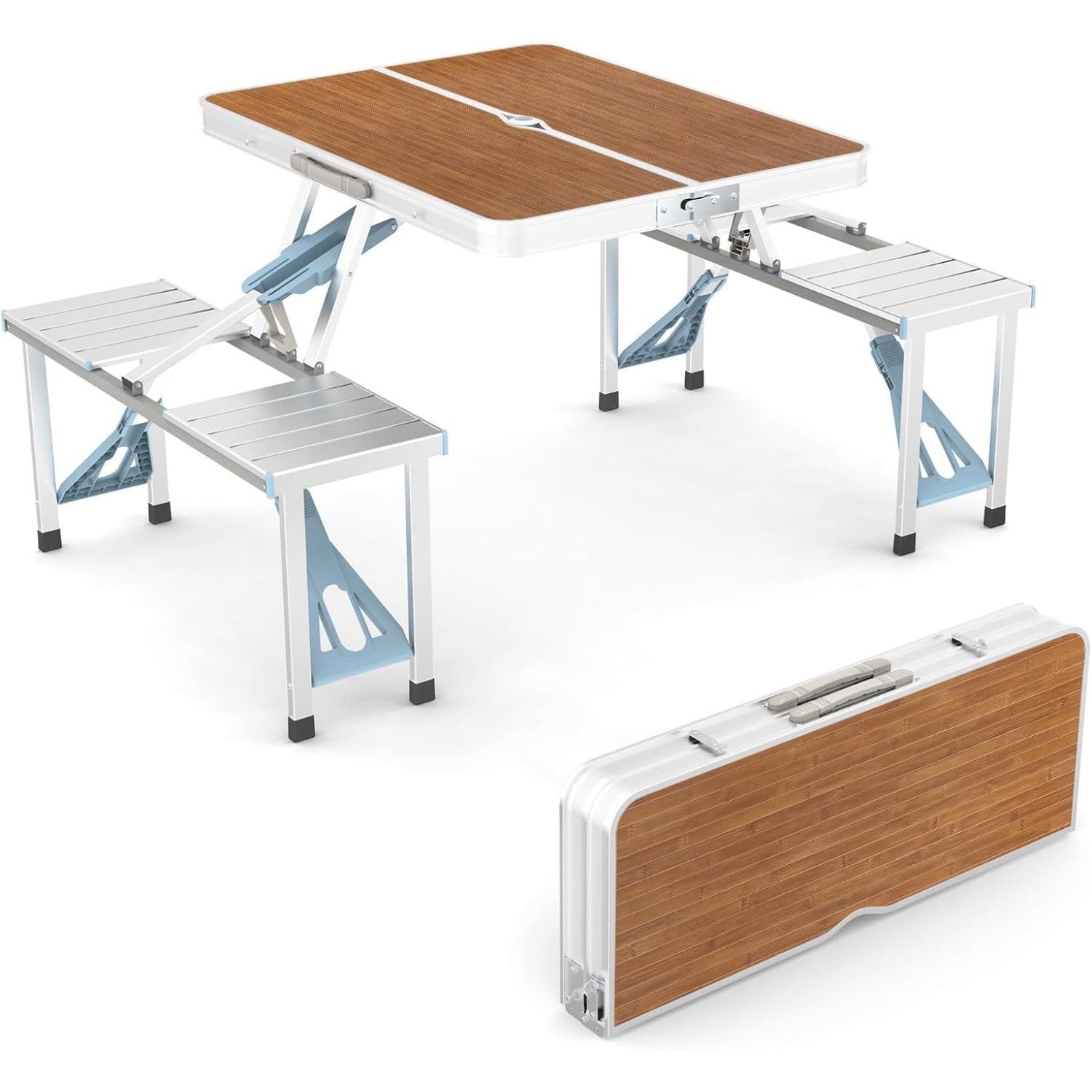 Portable folding table with wooden top and benches on a white background
