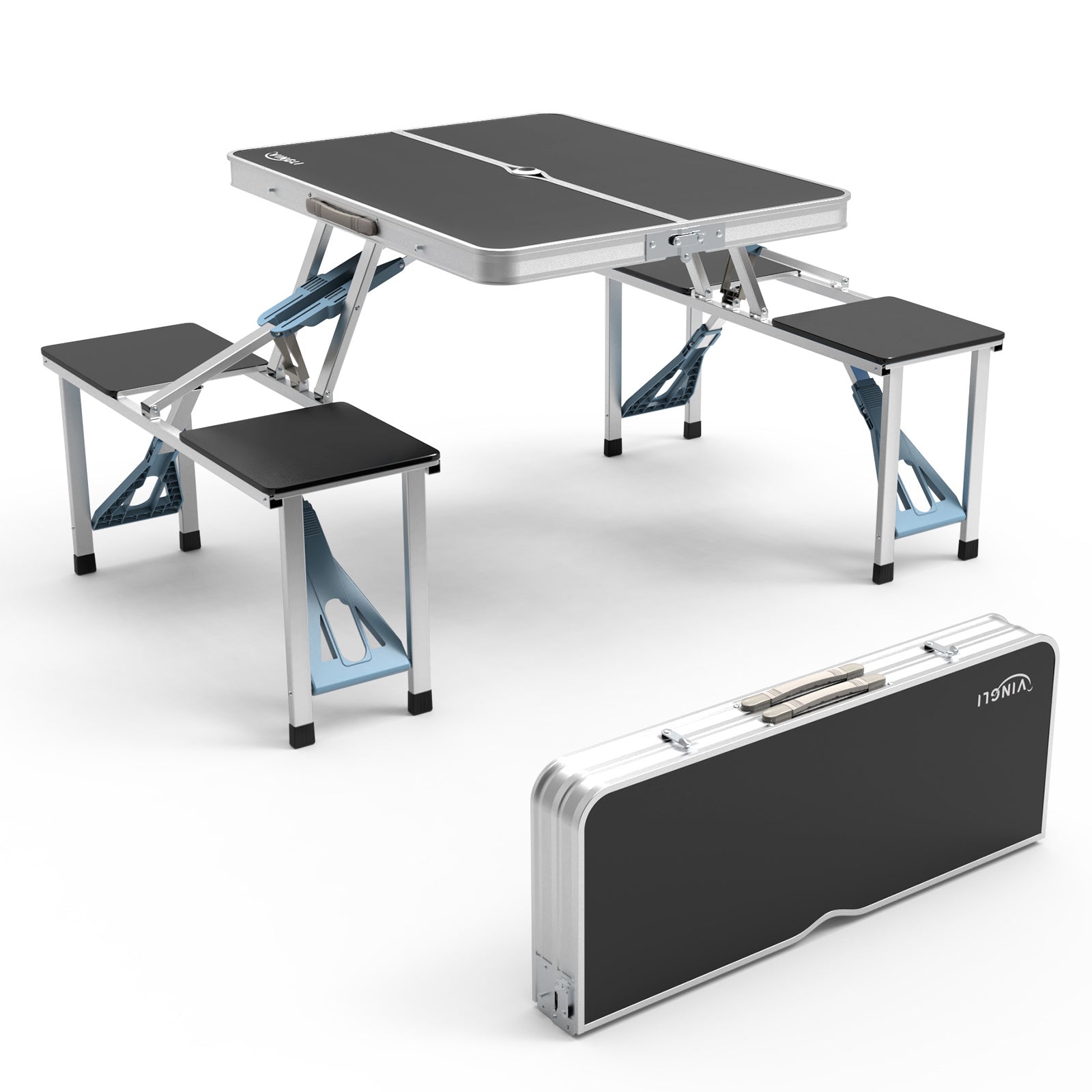 Foldable picnic table with benches and carrying case on a white background