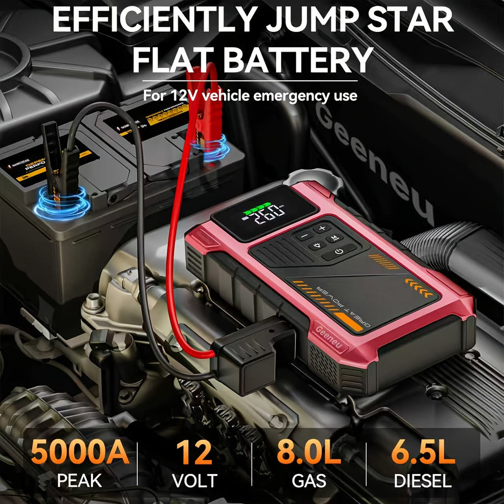 Car jump starter being used to charge a flat battery with specifications displayed.
